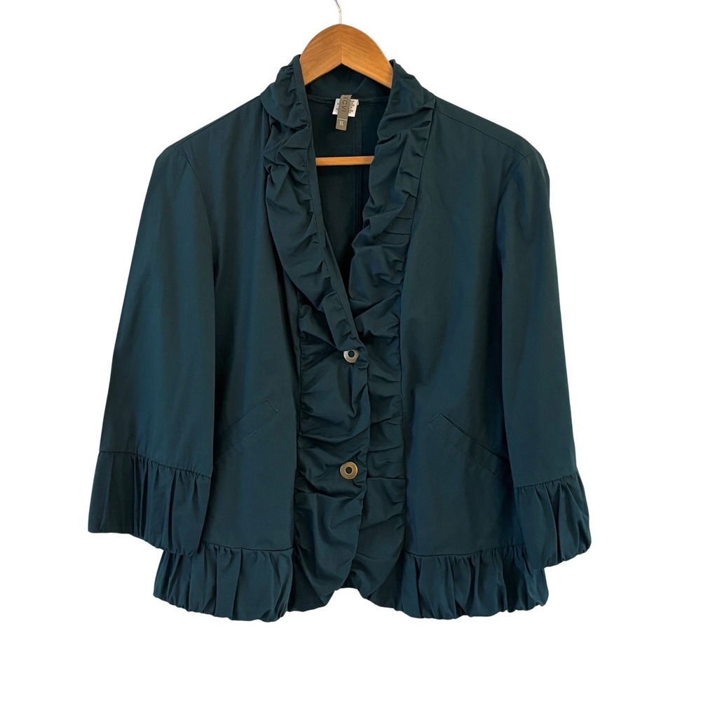 XCVI Ruffle Trim Snap Front Jacket Womens XL Teal 3/4 Sleeve Victorian Ruched